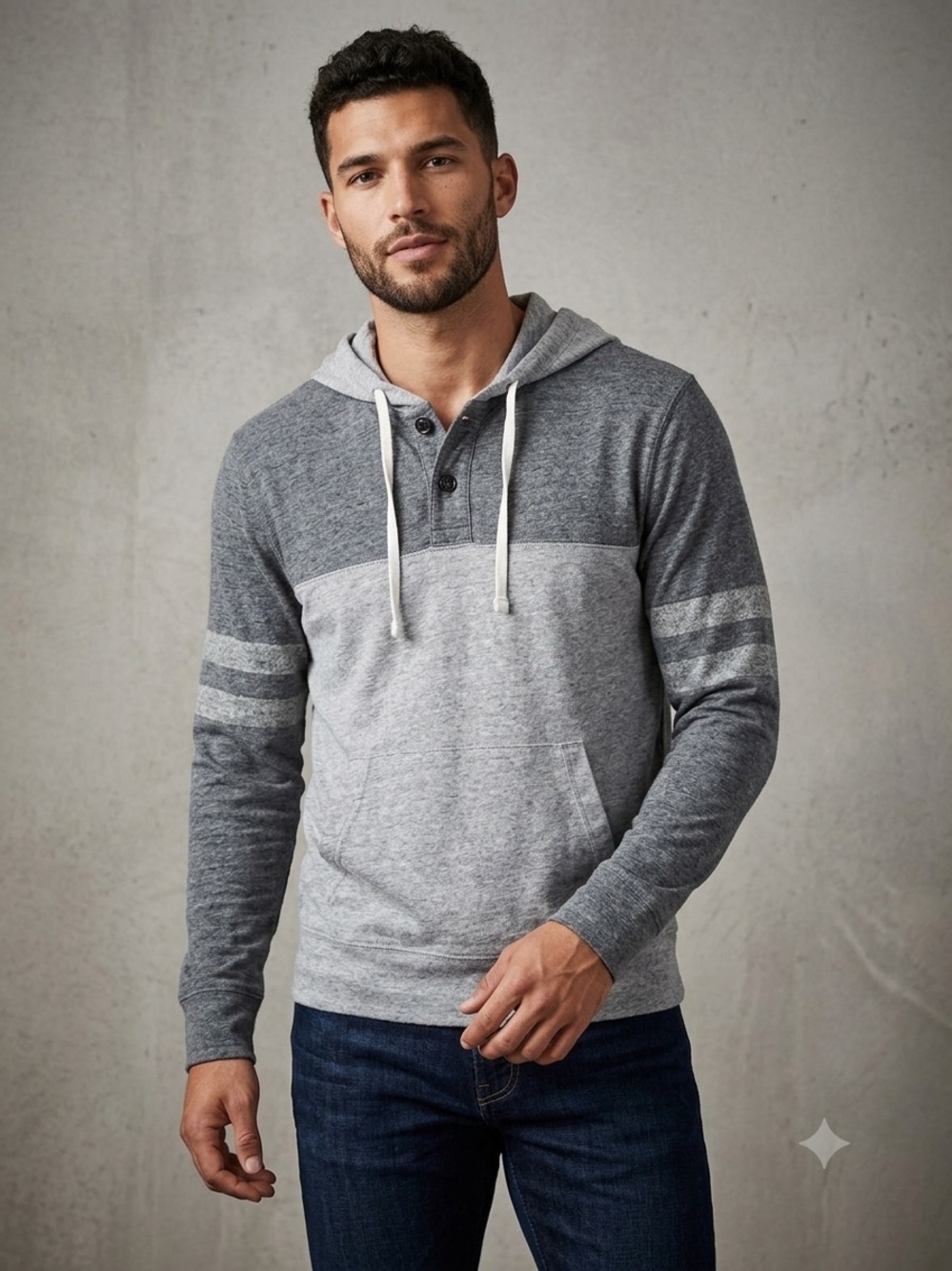 American Eagle Outfitters Two-Tone Gray Hooded Henley Pullover Men’s Size Medium